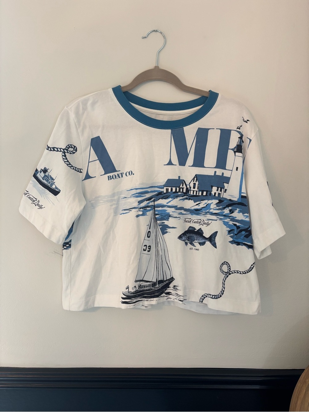 Maeve by Anthropologie White & Blue Nautical Graphic Crop Tee - Women - Large